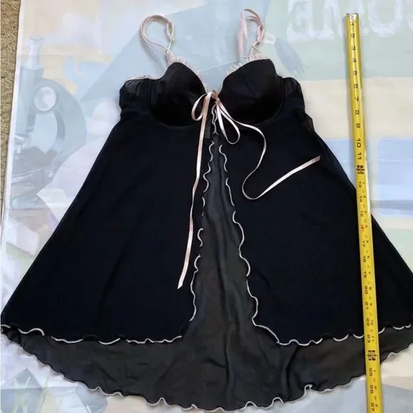 VTG Victoria’s Secret Black Mesh Sheer Babydoll Pink Trim Open FrontSize M - Picture 4 of 13